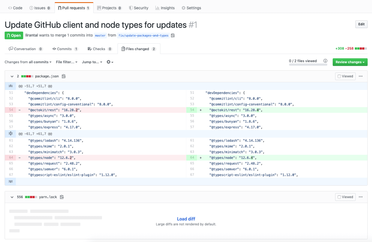 yarn lockfile diff on github